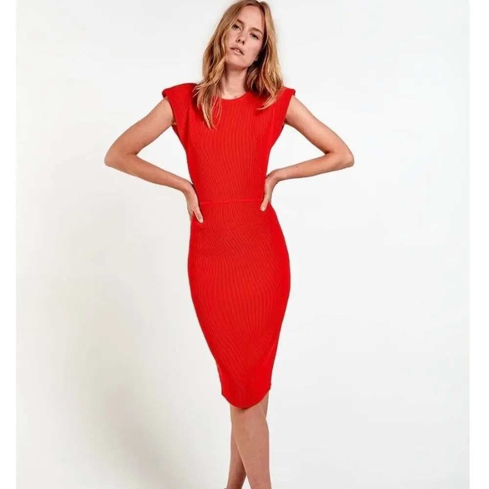 AS by DF Dress Women Large Red Ava Ribbed Knit Midi Bodycon Structured Cap Slv